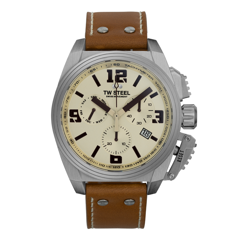 Stainless steel chronograph wristwatch with a brown leather strap and beige dial.