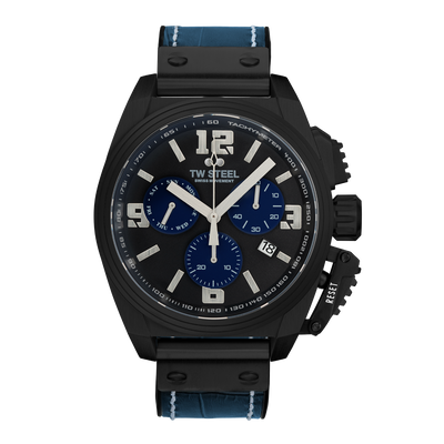 Sleek black wristwatch with blue accents and chronograph subdials.