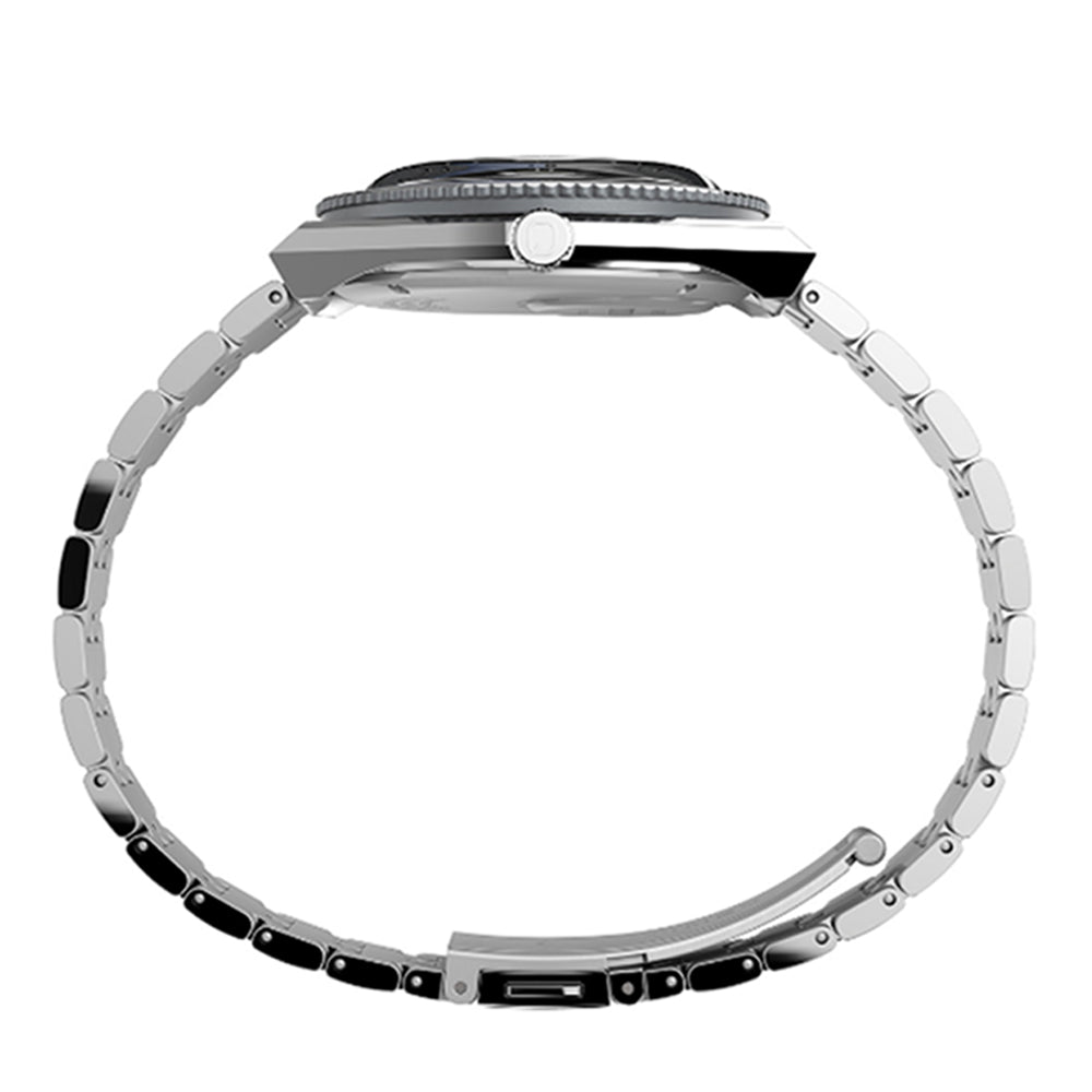 Stainless steel wristwatch with a circular face and metal link bracelet.