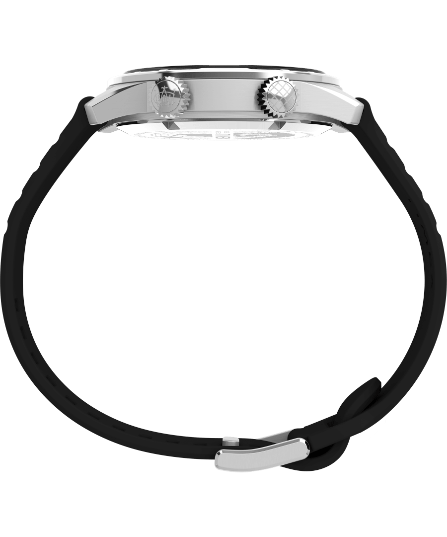 Wristwatch with a silver case and black strap.