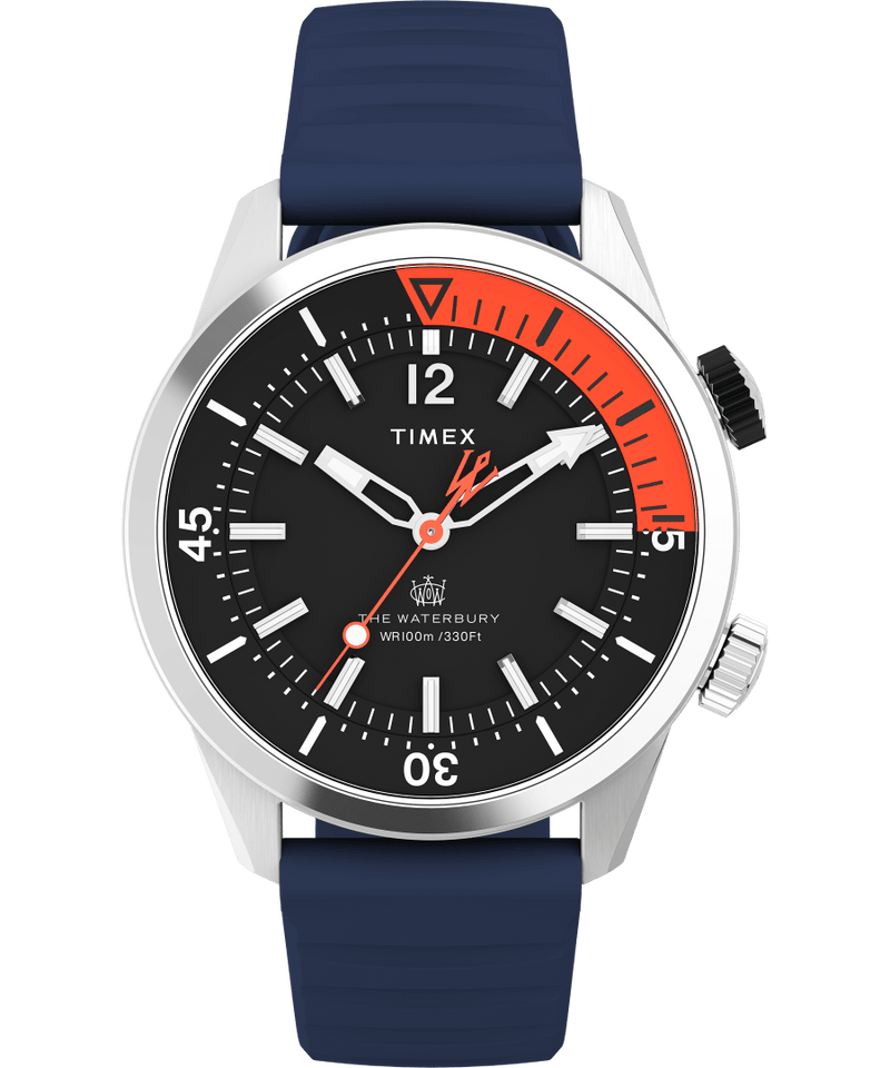 Timex wristwatch with a black dial, red accents, and a navy blue strap.