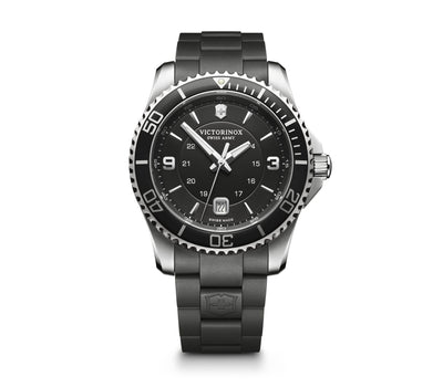 Stylish black and silver wristwatch with a rotating bezel and metal bracelet.