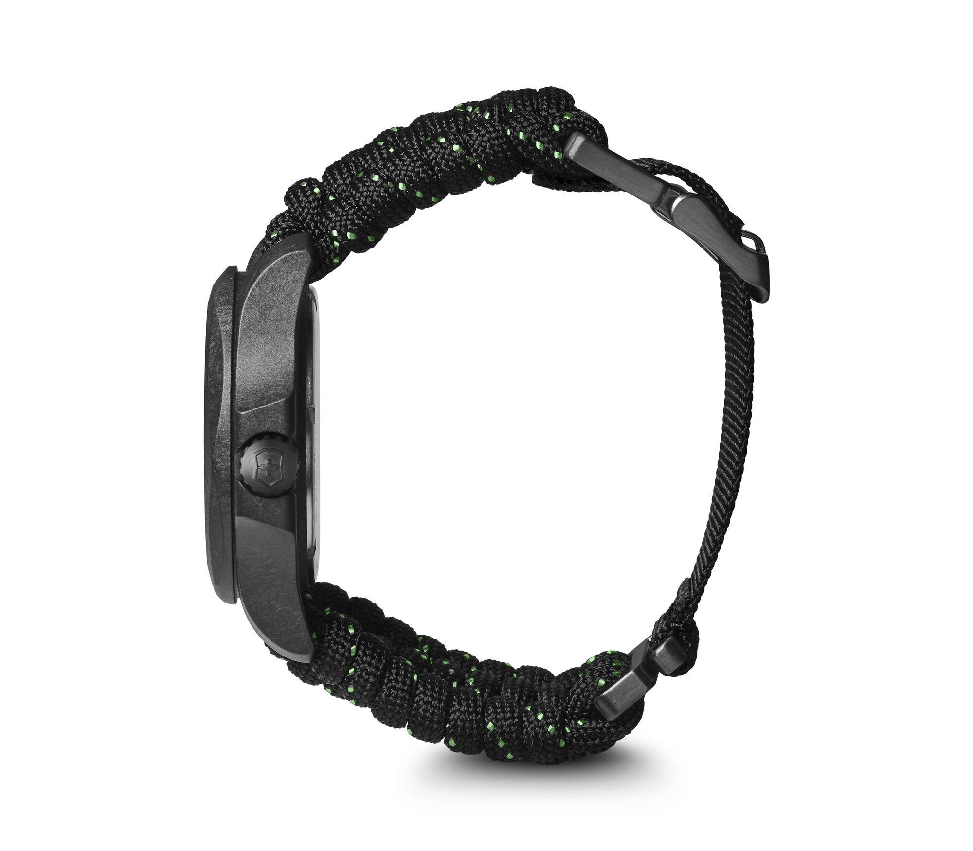 Black wristwatch with a braided paracord-style band.