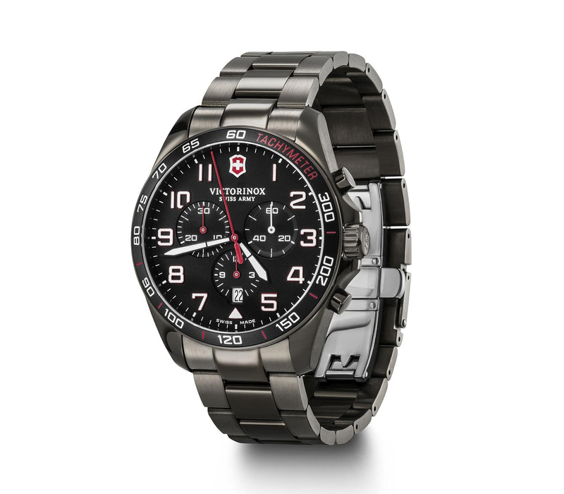 Stainless steel chronograph wristwatch with a black dial and red accents.