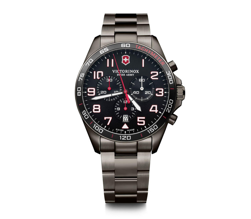 Sleek, dark-toned men’s chronograph wristwatch with a metal bracelet.