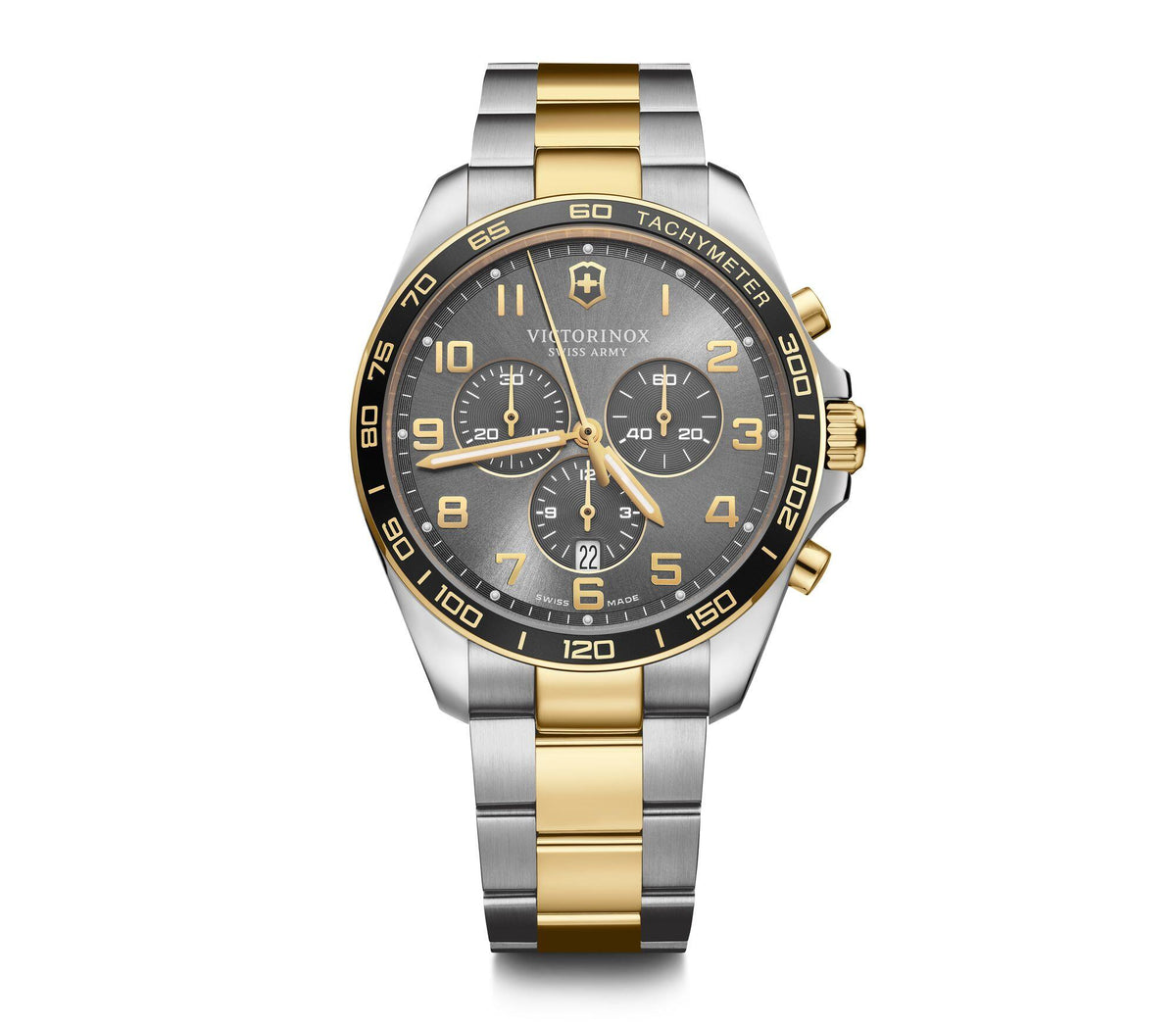 Luxury wristwatch with a two-tone metal band and gray dial featuring chronograph subdials.