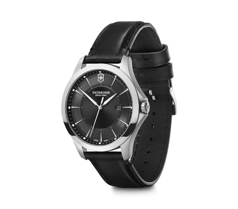 Elegant wristwatch with a black leather strap and silver-toned case.