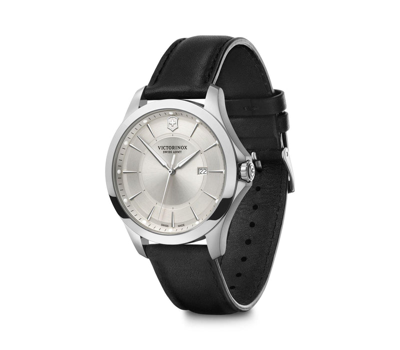 Silver-toned wristwatch with a black leather strap.