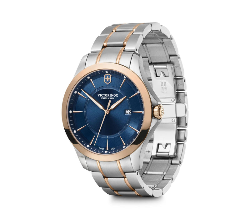 Elegant wristwatch with a blue dial and two-tone silver and rose gold metal bracelet.