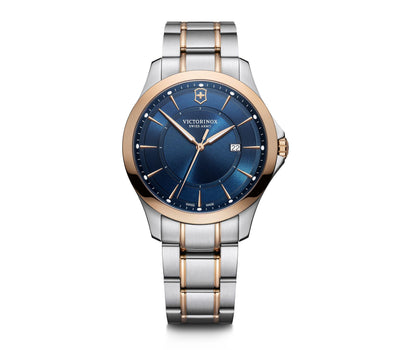 Elegant wristwatch with a blue dial and two-tone metal bracelet.