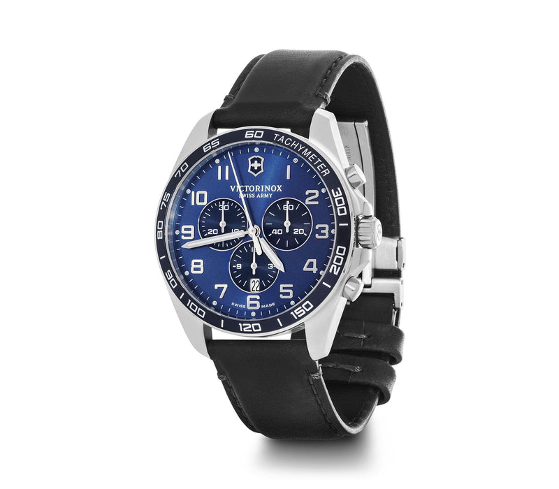 Stylish men’s wristwatch with a blue dial, silver case, and black leather strap.