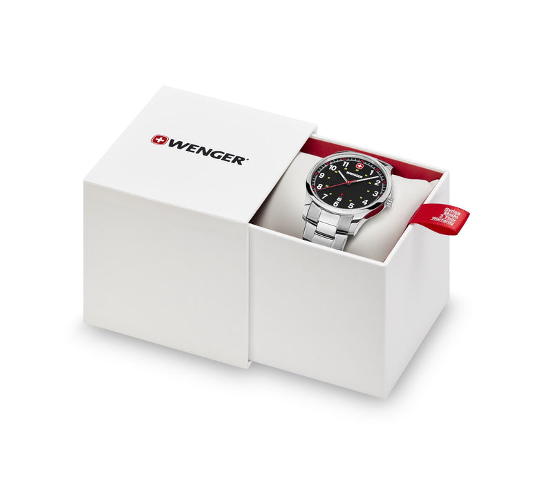 Wenger wristwatch in an open white presentation box.