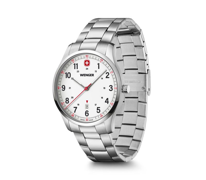 Stainless steel wristwatch with a white dial and red accents.