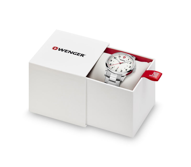 White wristwatch with a round face in an open Wenger-branded gift box.