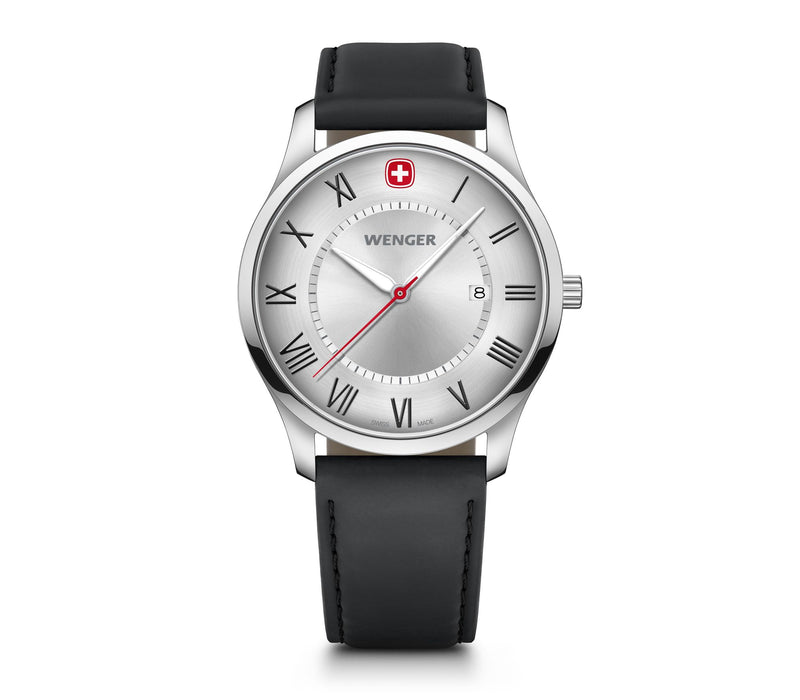 Wenger wristwatch with a silver dial and black leather strap.