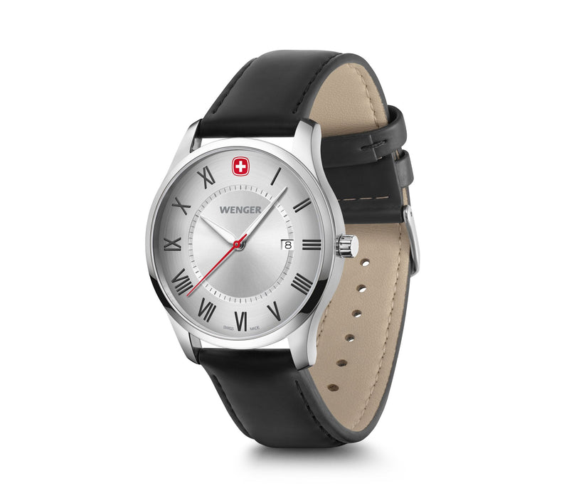 Wenger wristwatch with a silver dial and black leather strap.