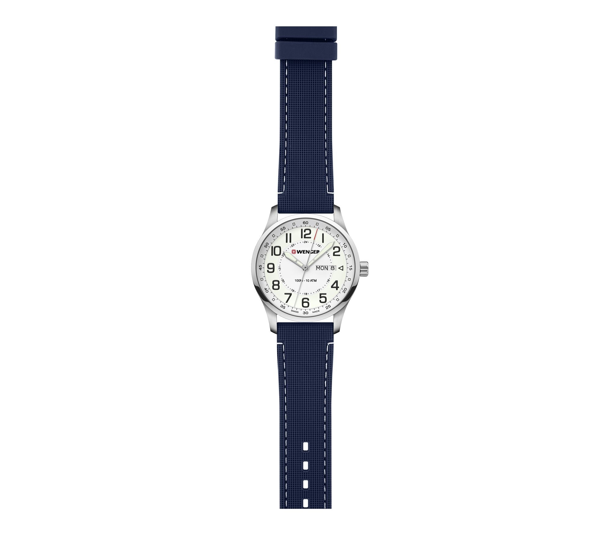 Wristwatch with a white face and navy blue strap.
