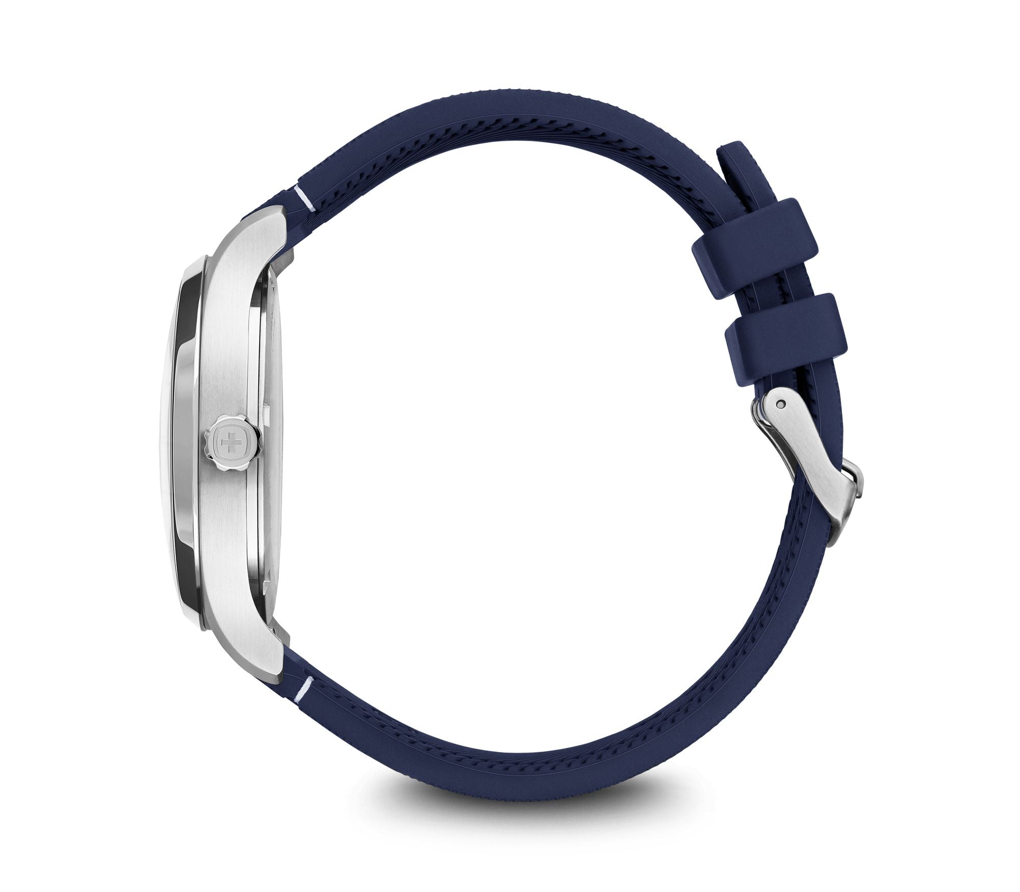 Wristwatch with a silver case and navy blue strap.