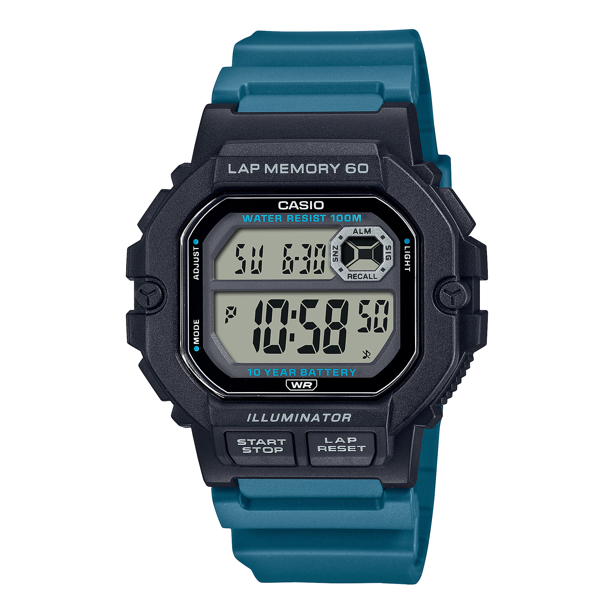 Digital sports watch with a teal strap and black face displaying time and date.