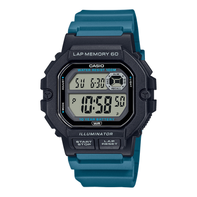 Digital sports watch with a teal strap and black face displaying time and date.