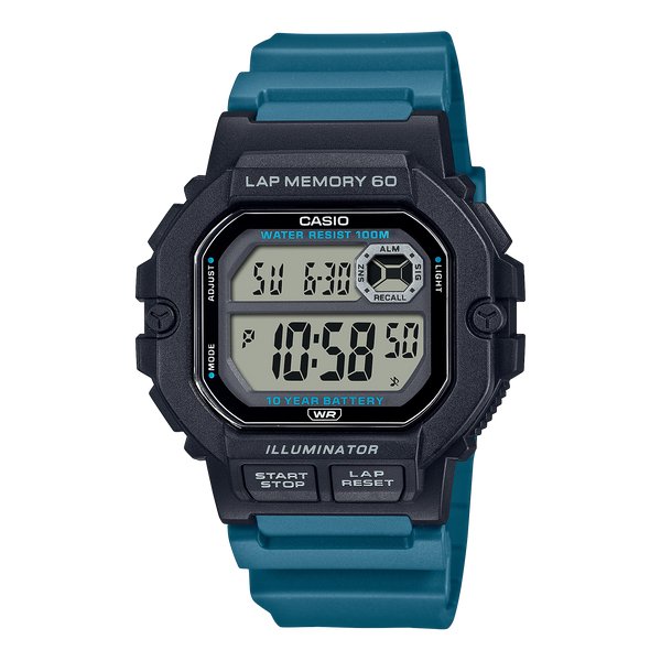 Digital sports watch with a teal strap and black face displaying time and date.