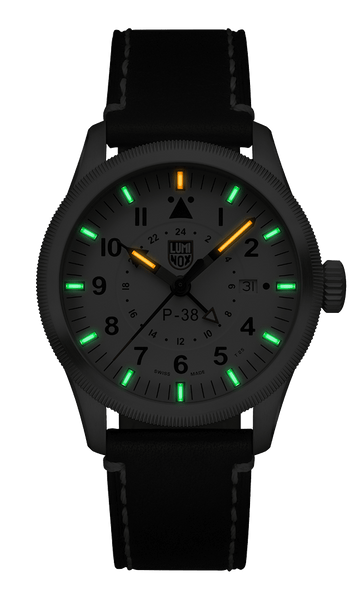 Luminox P–38 Lightning Pilot 黑色皮革表带男士手表 XA.9527