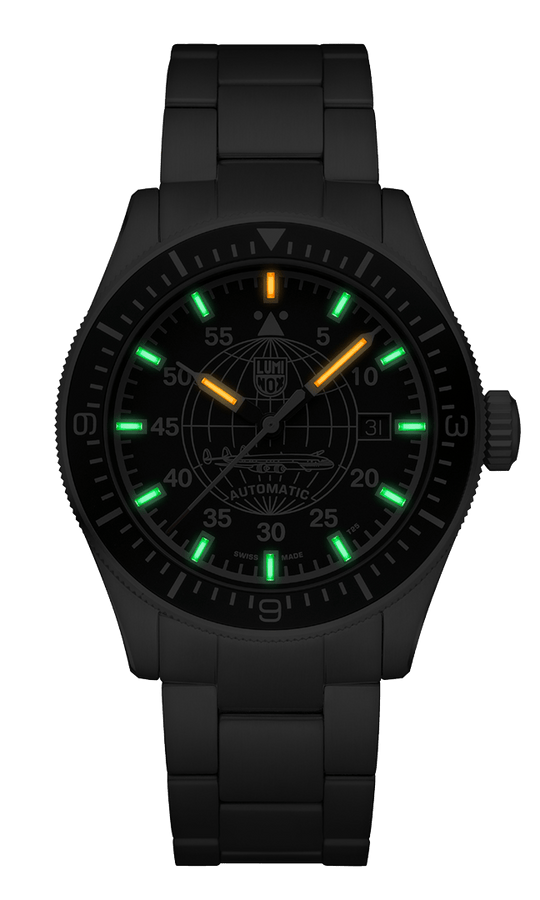 Black wristwatch with luminous markers on the dial and a metal bracelet.