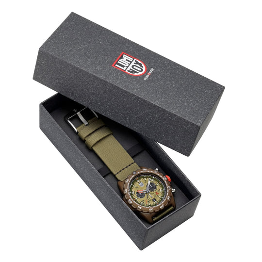 Wristwatch with a military-style design in a black presentation box.