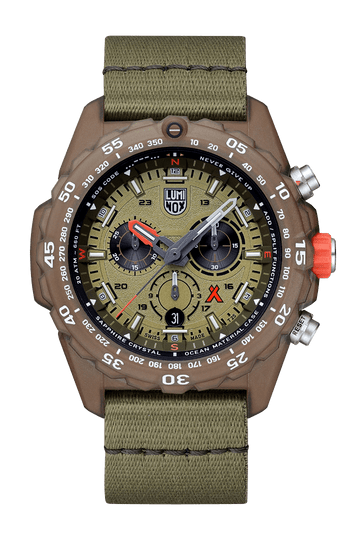 Rugged military-style wristwatch with a green fabric strap and brown casing.