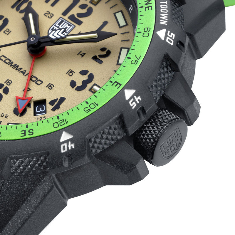 Rugged sports watch with a beige face, black casing, and bright green bezel markings.