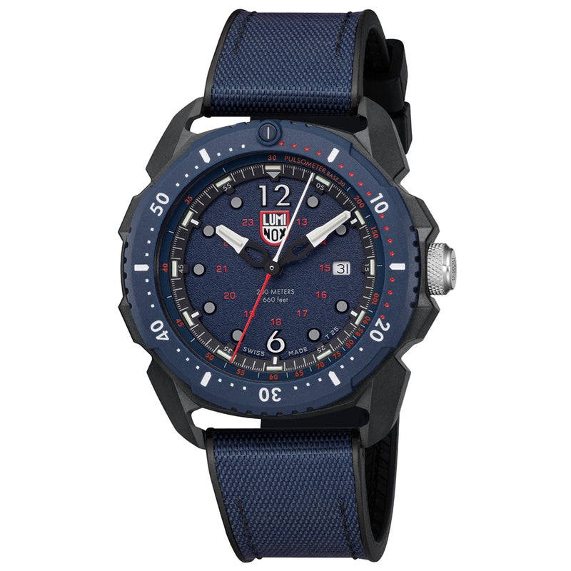 Navy blue and black sports watch with a fabric strap.