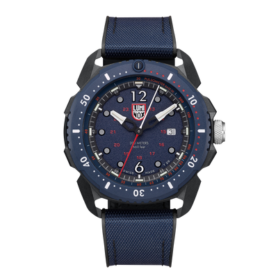 Navy blue sports watch with a round face and fabric strap.