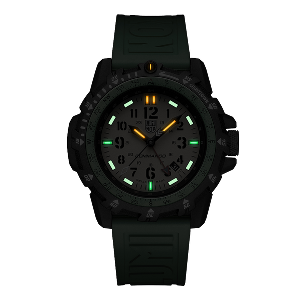 Black tactical wristwatch with luminous markings on the dial.