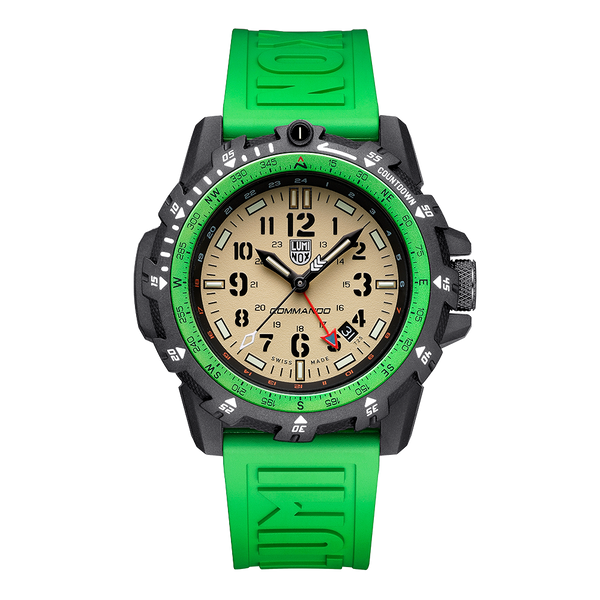 Rugged sports watch with a bright green strap and bezel surrounding a tan-colored dial.