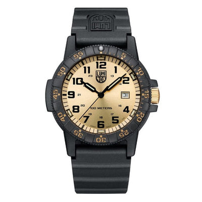 Rugged black wristwatch with a beige dial and luminous numerals.