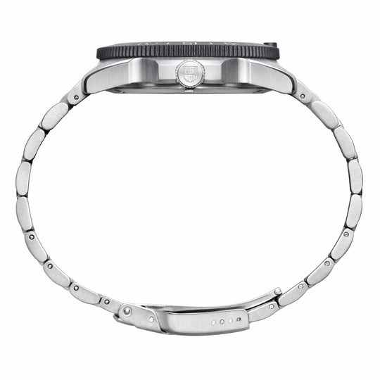 Stainless steel wristwatch with a metal link bracelet and black bezel.
