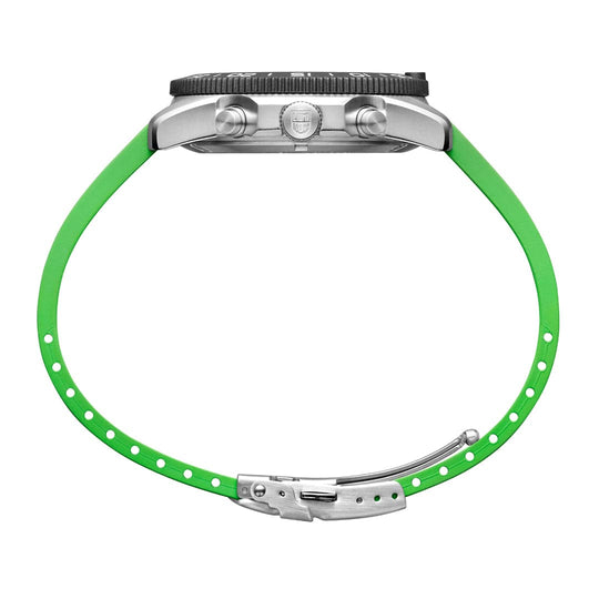 Wristwatch with a silver case, black bezel, and bright green rubber strap.