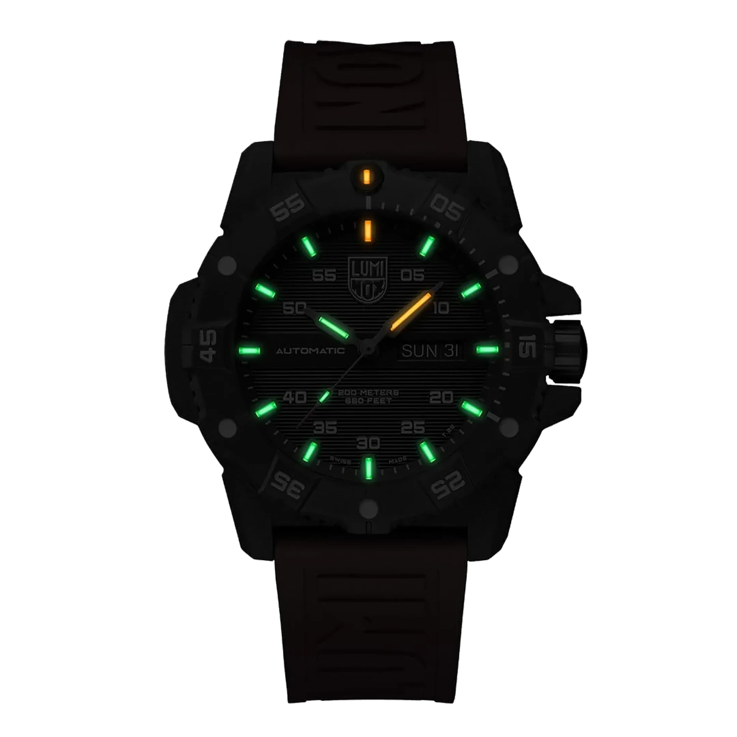 Black tactical wristwatch with luminous green and orange markers on the dial.