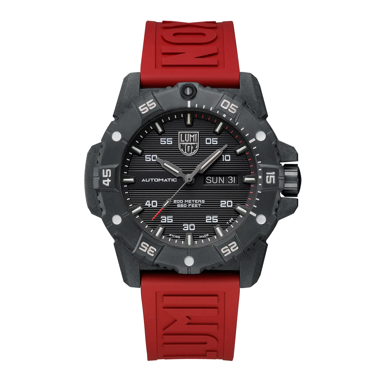 Rugged sports watch with a black face and red rubber strap.