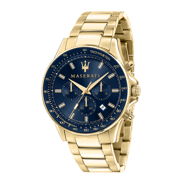 Gold-toned Maserati wristwatch with a blue dial face.