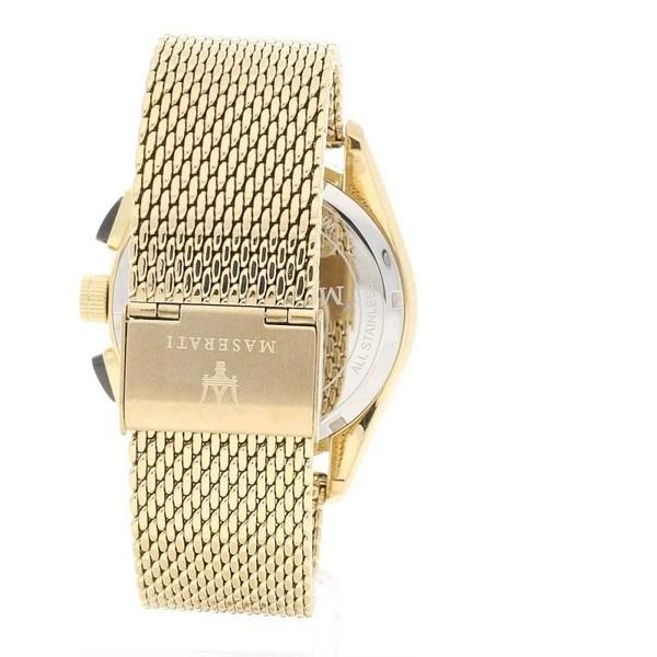 Gold-toned wristwatch with a mesh metal band.