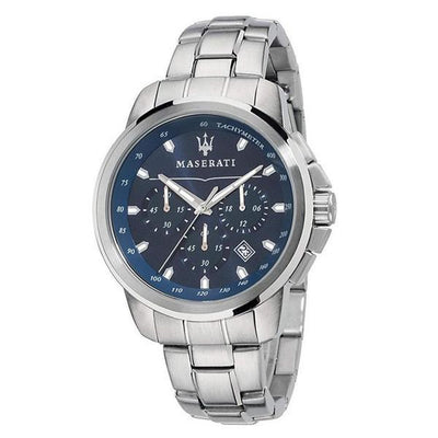 Maserati wristwatch with a blue dial and silver metal bracelet.