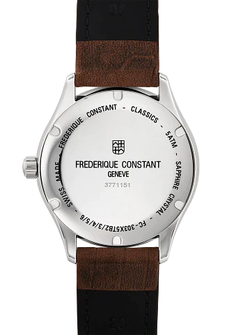 Wristwatch with a brown leather strap and silver-toned case showing the Frederique Constant brand name.