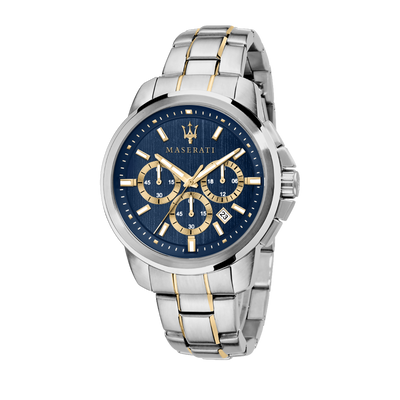 Luxury wristwatch with a blue dial and silver and gold-tone metal bracelet.