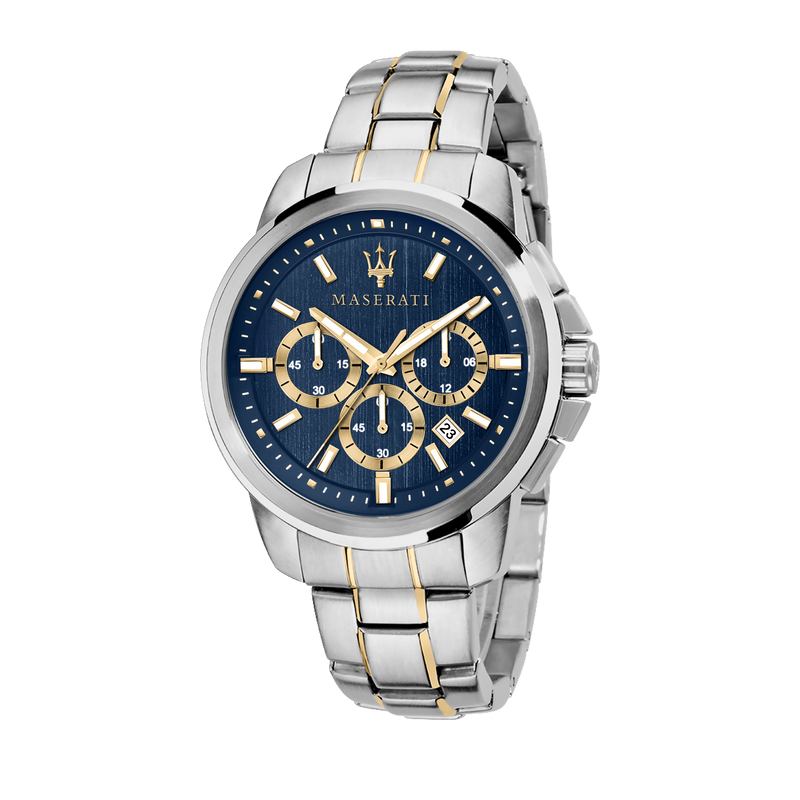 Luxury wristwatch with a blue dial and silver and gold-tone metal bracelet.