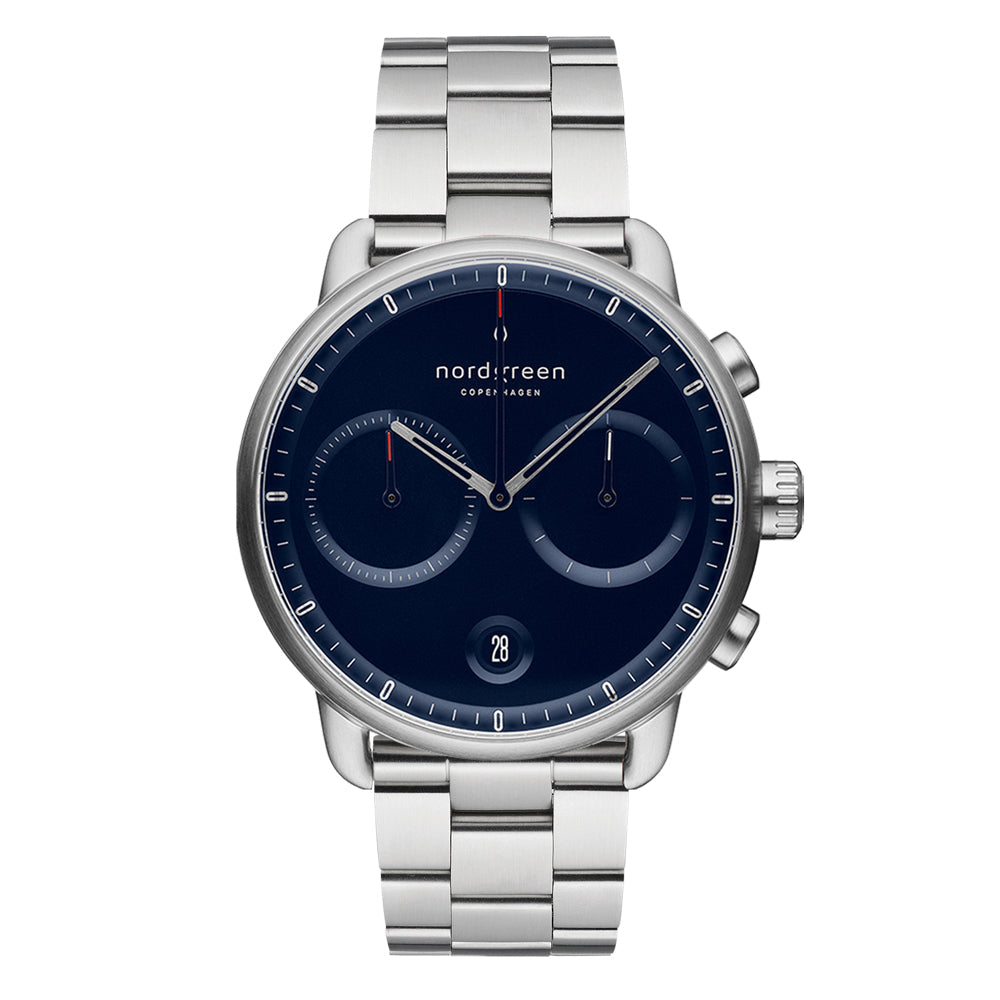 Stainless steel wristwatch with a navy blue dial and chronograph subdials.