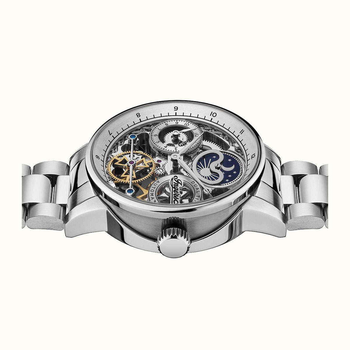 Luxury mechanical wristwatch with a transparent dial showing intricate gears and mechanisms.