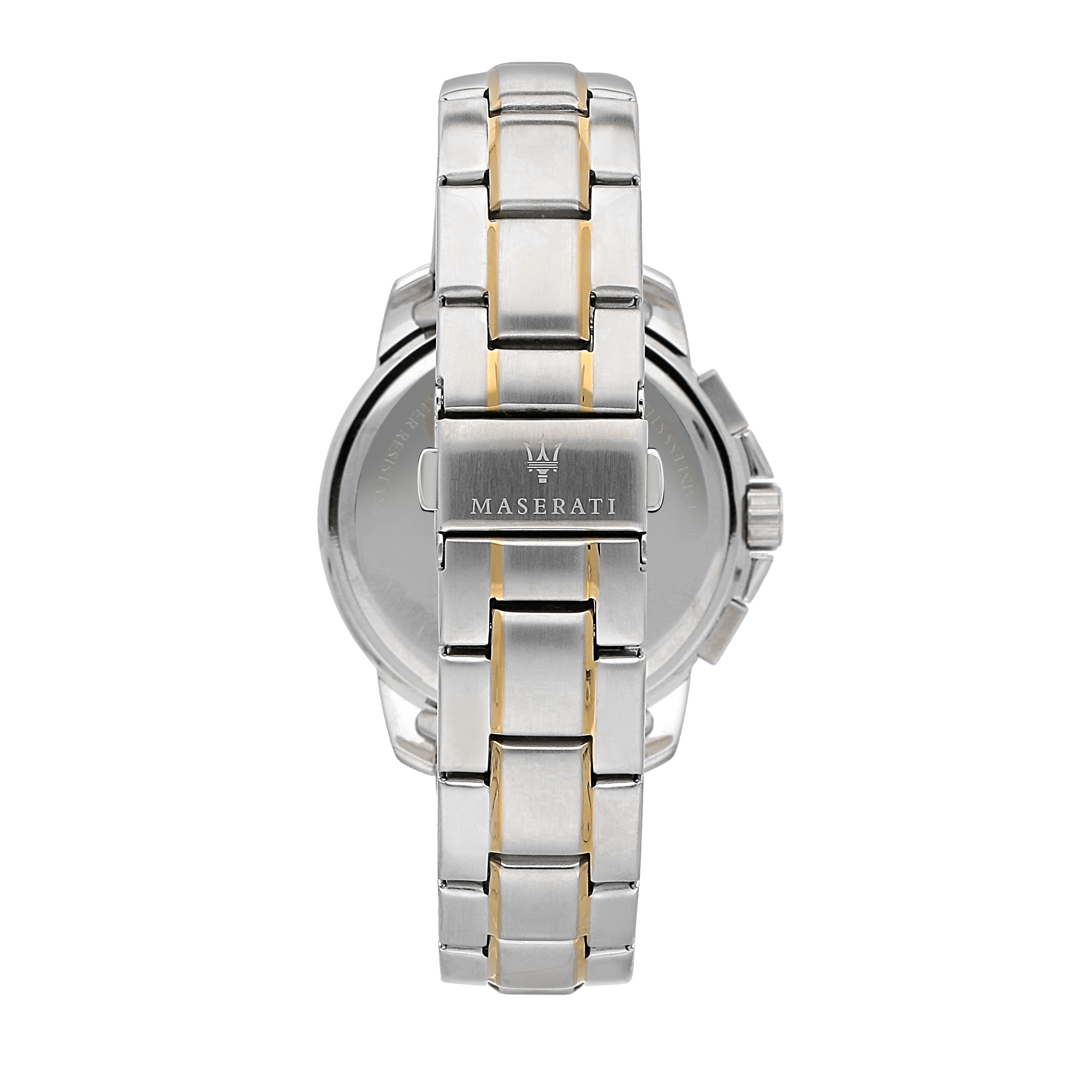 Two-tone metal wristwatch band with a visible caseback displaying the brand name ’Maserati’.