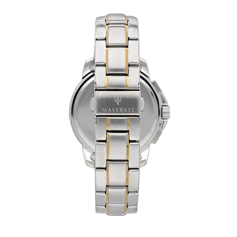 Two-tone metal wristwatch band with a visible caseback displaying the brand name ’Maserati’.