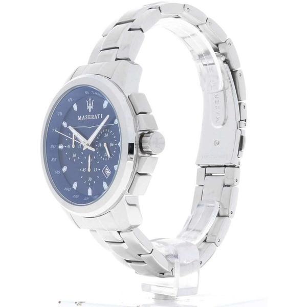 Stainless steel wristwatch with a blue dial and chronograph features.